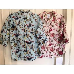 2 NATIONAL Women's L Cotton Blend 3/4 Sleeve Button Down No Iron Spring Blouses